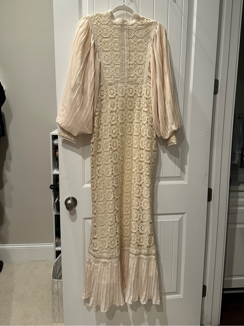 BRAND NEW Zahraa the Label Ivory Crochet Maxi Dress with Pleated Bishop Sleeves